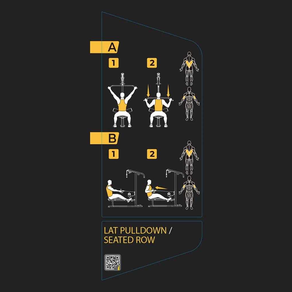 Instructional placard for the Lat Pulldown/Seated Row showing setup and movement steps for both exercises with highlighted back and arm muscles and labeled positions A and B.