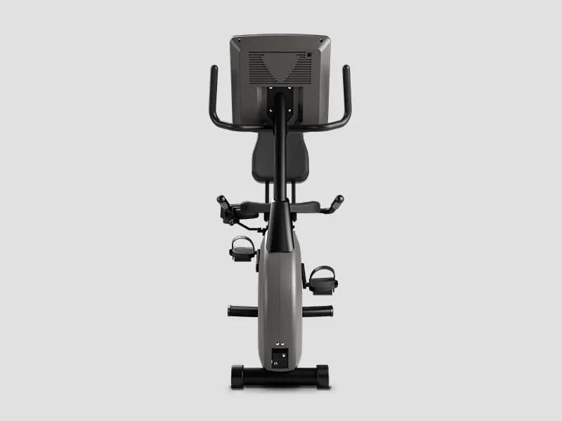 Rear view of the Vision Fitness Recumbent Bike, displaying the backrest and console.