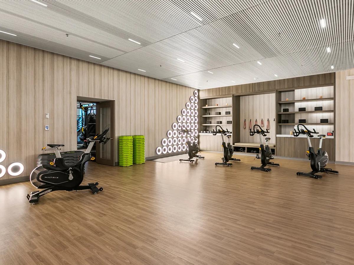 Studio équipé de vélos d'intérieur Matrix, de tapis verts empilés et d'une décoration minimaliste sous un plafond à lattes.