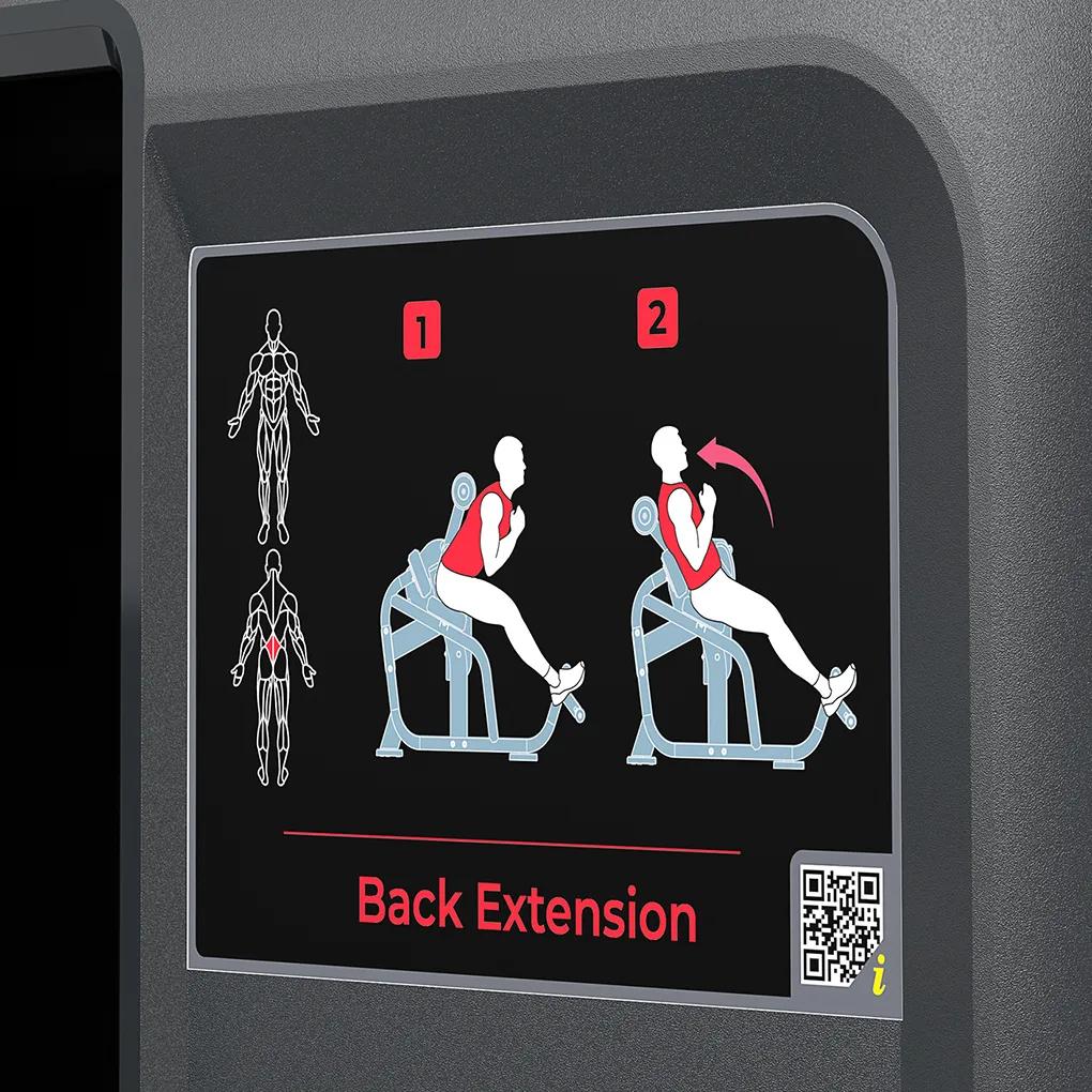 Instructional diagram on the Vision Fitness Back Extension machine showing correct body positioning and movement for the exercise, with target muscles highlighted in red.