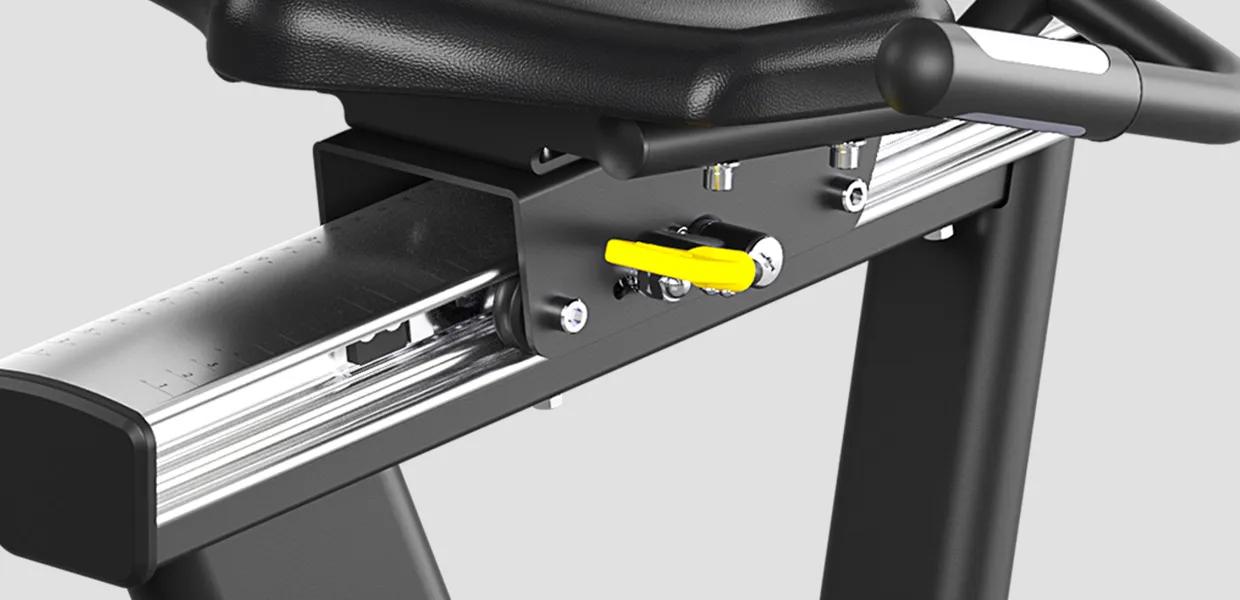 Close-up view of the Summit Recumbent Bike's seat adjustment point.