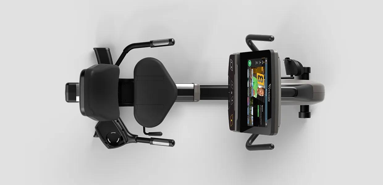 Overhead view of the Vision Fitness Recumbent Bike, highlighting the console screen and handlebar placement.