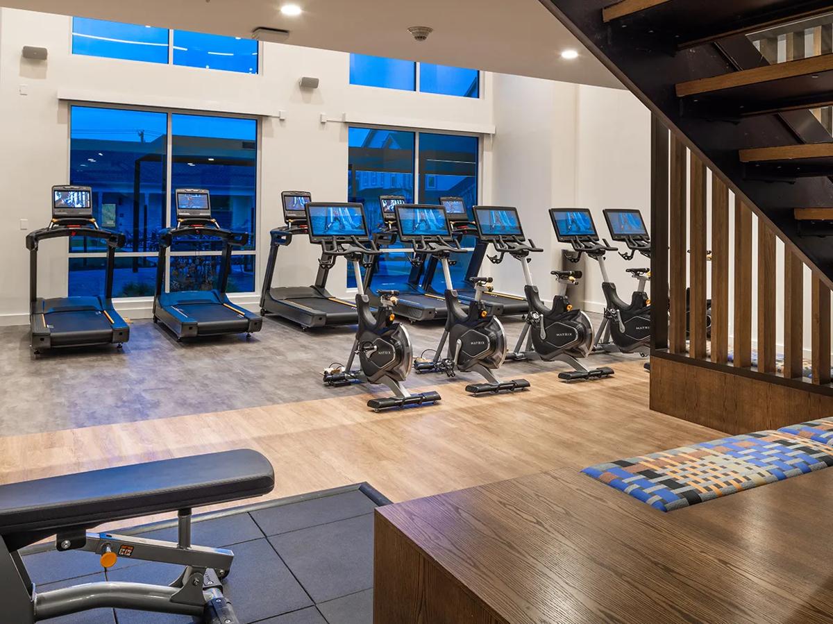 Espace cardio avec tapis de course et vélos Matrix face à de grandes fenêtres dans un centre de fitness moderne sur deux niveaux.