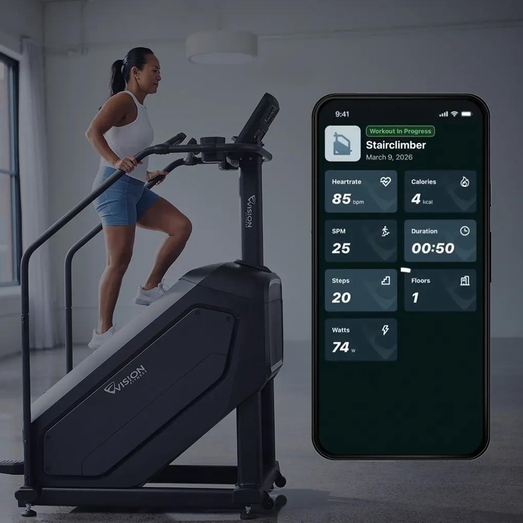 A Person using the Vision Stairclimber and a screenshot of the Vision app's workout tracking function