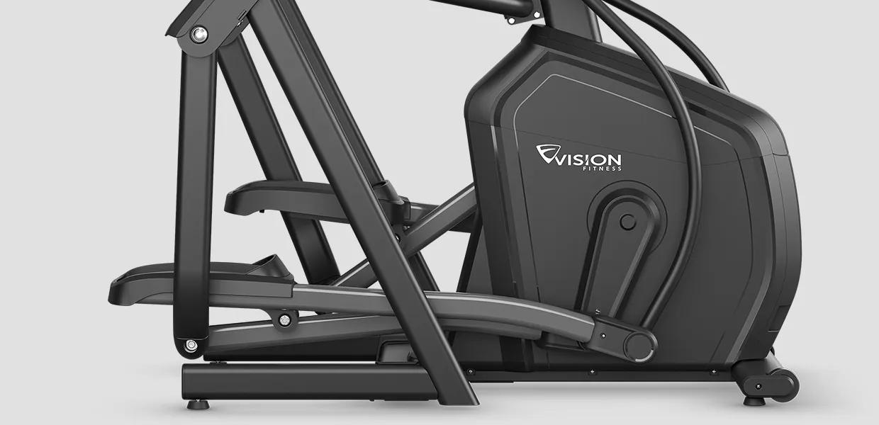 Side view of the bottom half of the Summit Suspension Elliptical, focusing on its resistance system and pedals.
