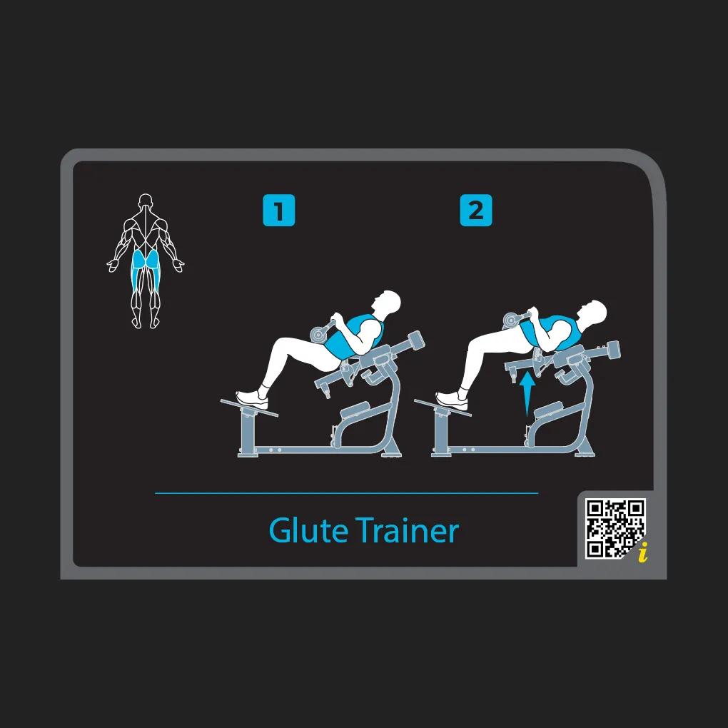 Instructional placard demonstrating exercises on the Keystone Glute Trainer.