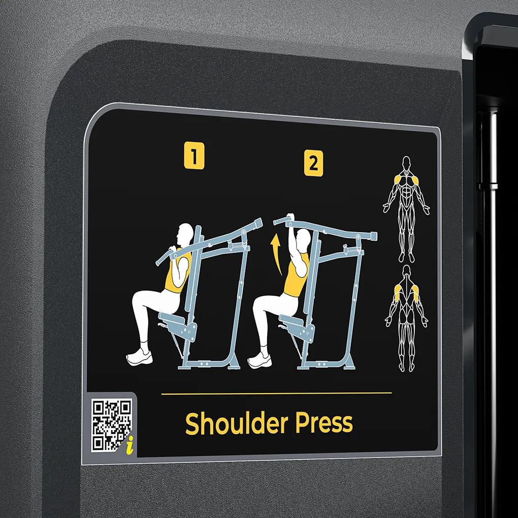 Instructional diagram on the Vision Fitness Shoulder Press machine showing correct seated position and overhead pressing motion, with target muscles highlighted in yellow.
