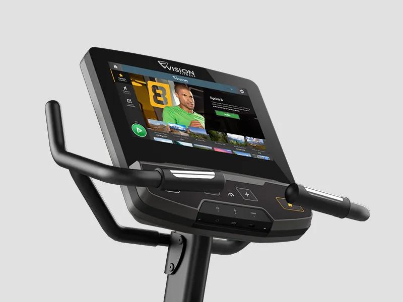 Close-up of the Vision Fitness Upright Bike console displaying Sprint 8 on screen.