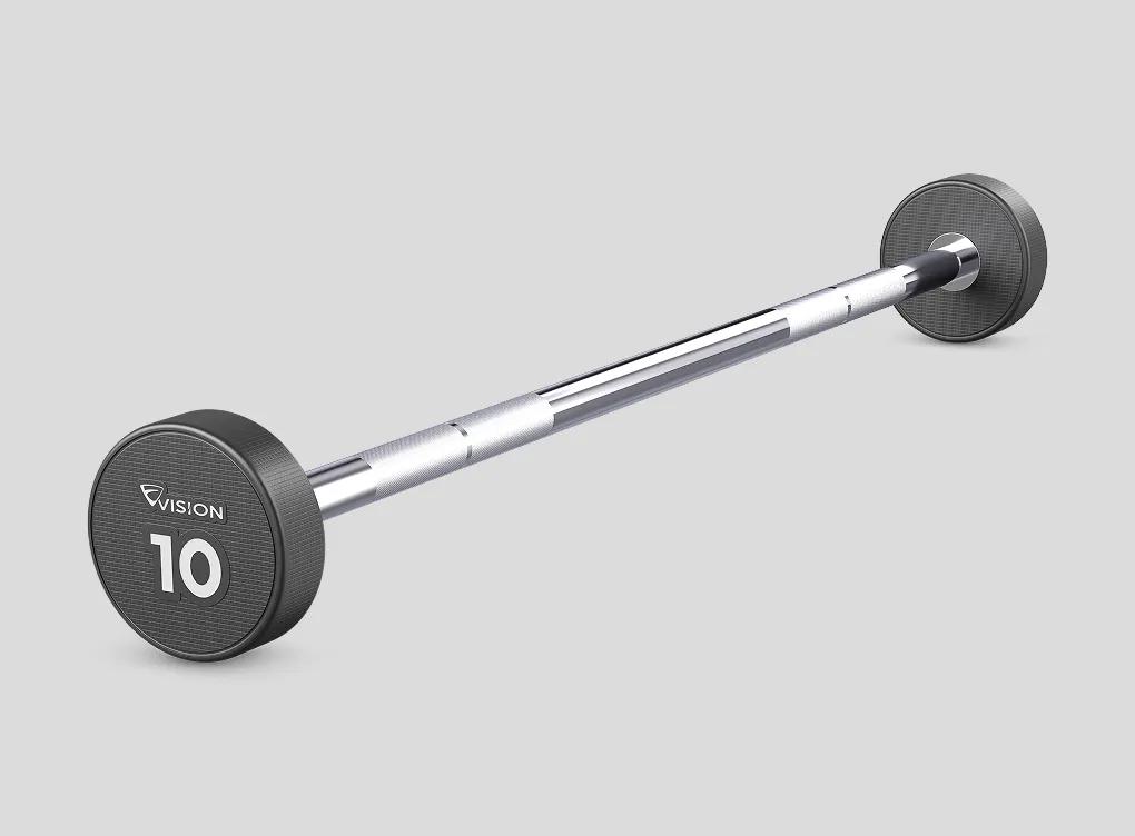 A straight Urethane Barbell with 10-pound plates on each side.