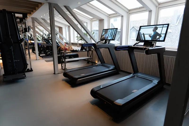 A lineup of cardio machines in a modern gym in front of windows