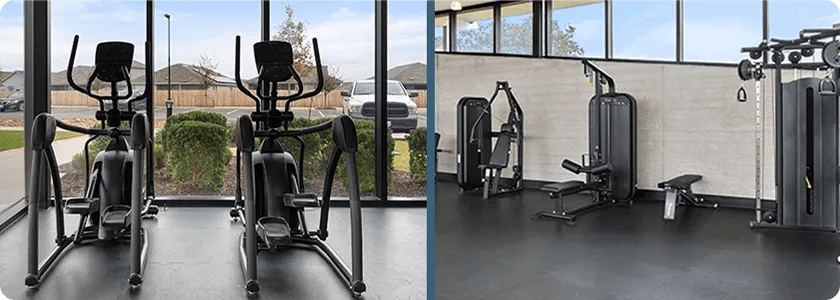 Side by side images of the Navarro Ranch fitness center. Left side features Vision cardio equipment and the right side feature Vision strength training equipment.