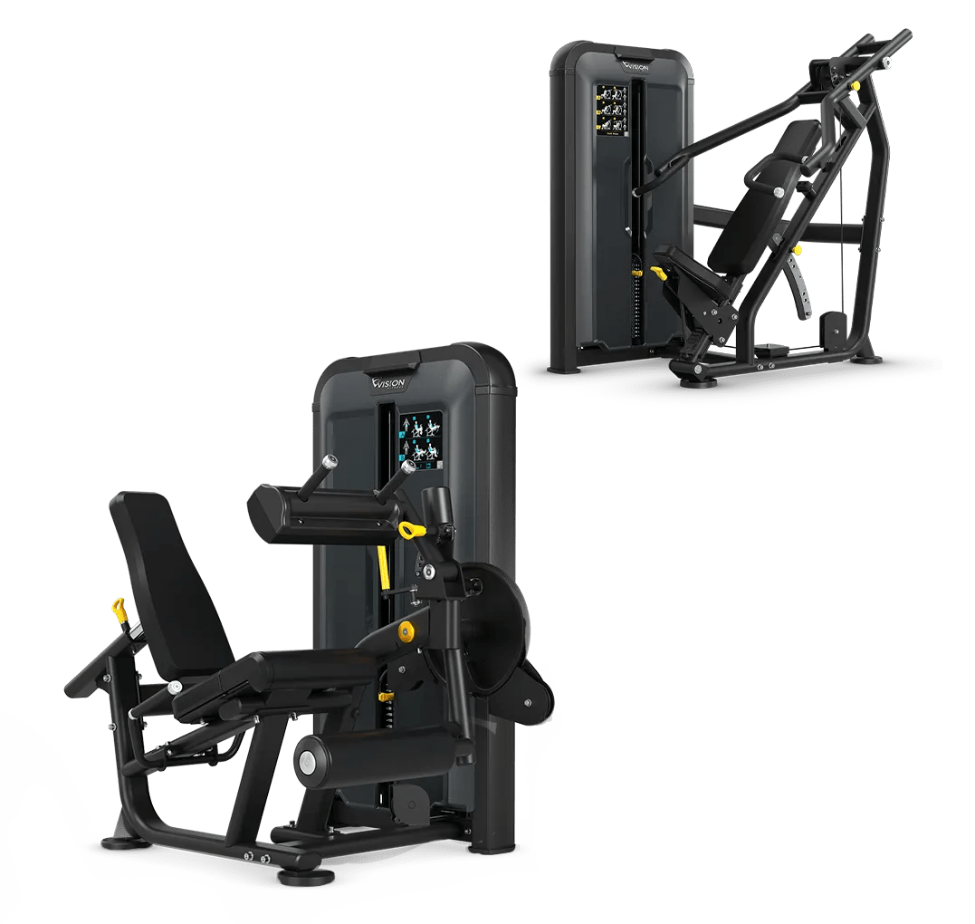 Renders of the Keystone Leg Extension / Leg Curl and Multi Press against a white background