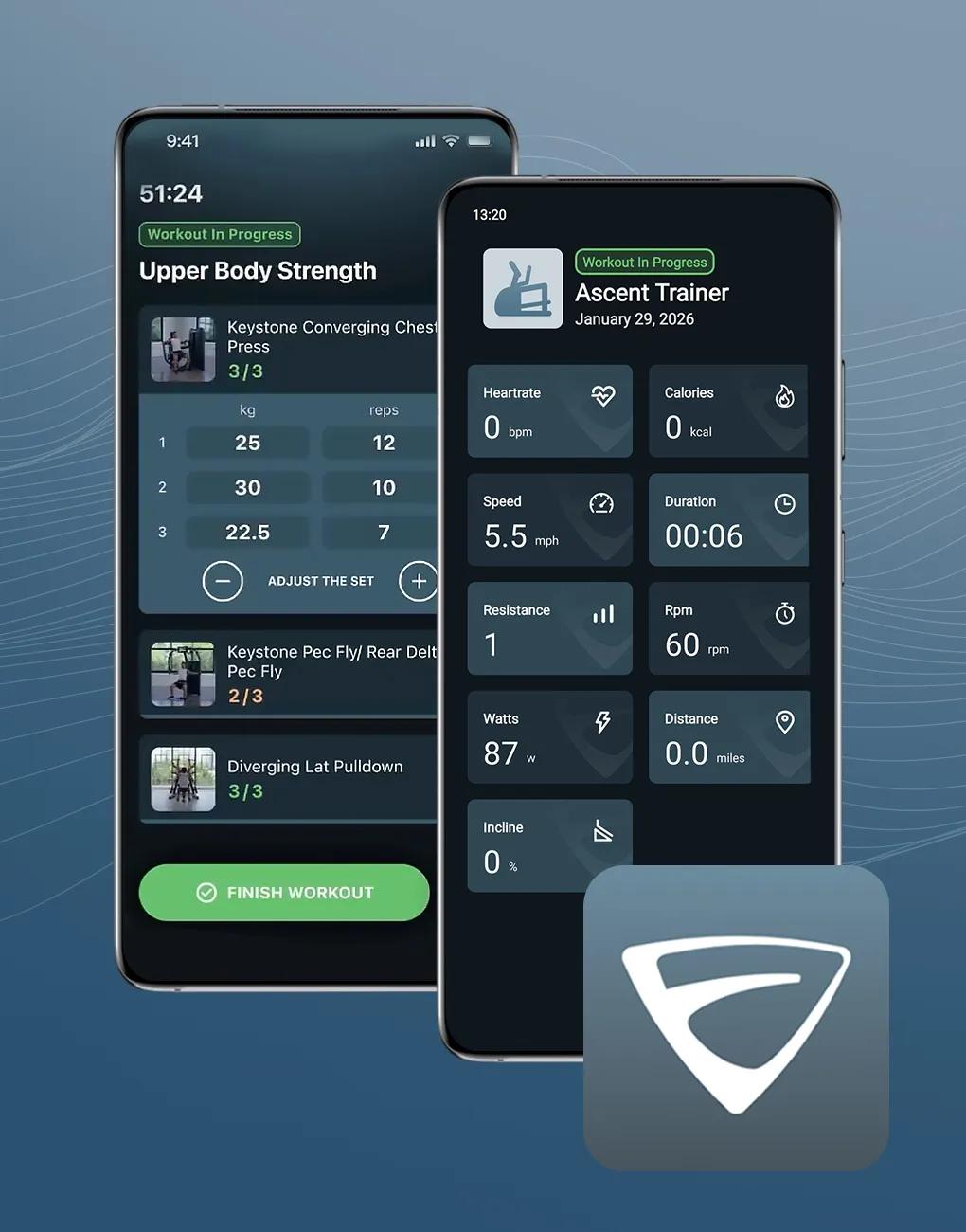 Two phones displaying the Vision Fitness App's workout tracking function