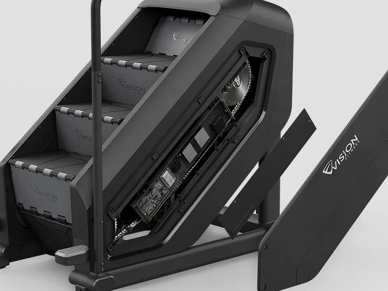 Angled view of the Vision Summit Stairclimber with the side panel removed, revealing internal components and drive system in Matte Black.