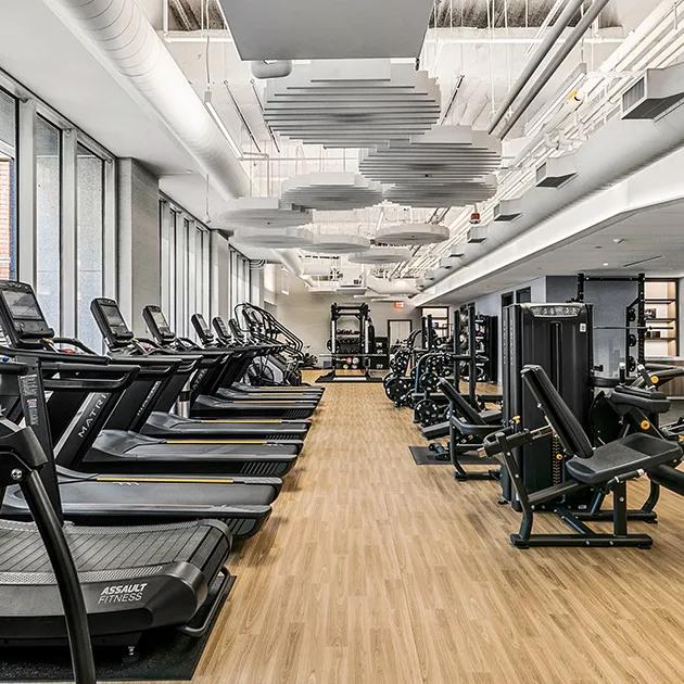 Stort fitnesscenter med trægulve med Matrix Fitness konditions- og styrketræningsudstyr.
