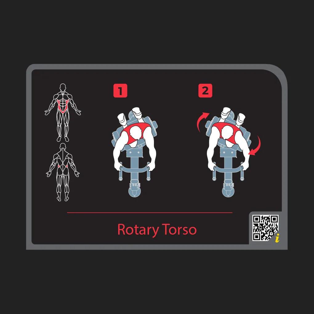 Instructional diagram on the Keystone Rotary Torso machine showing start and end positions for torso rotation, with targeted core muscles highlighted and a QR code for additional guidance.