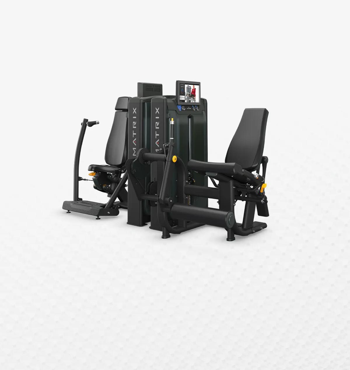 Appareils de musculation Matrix pour les jambes (presse à cuisses et extension des jambes) en noir mat, présentés sur fond blanc.